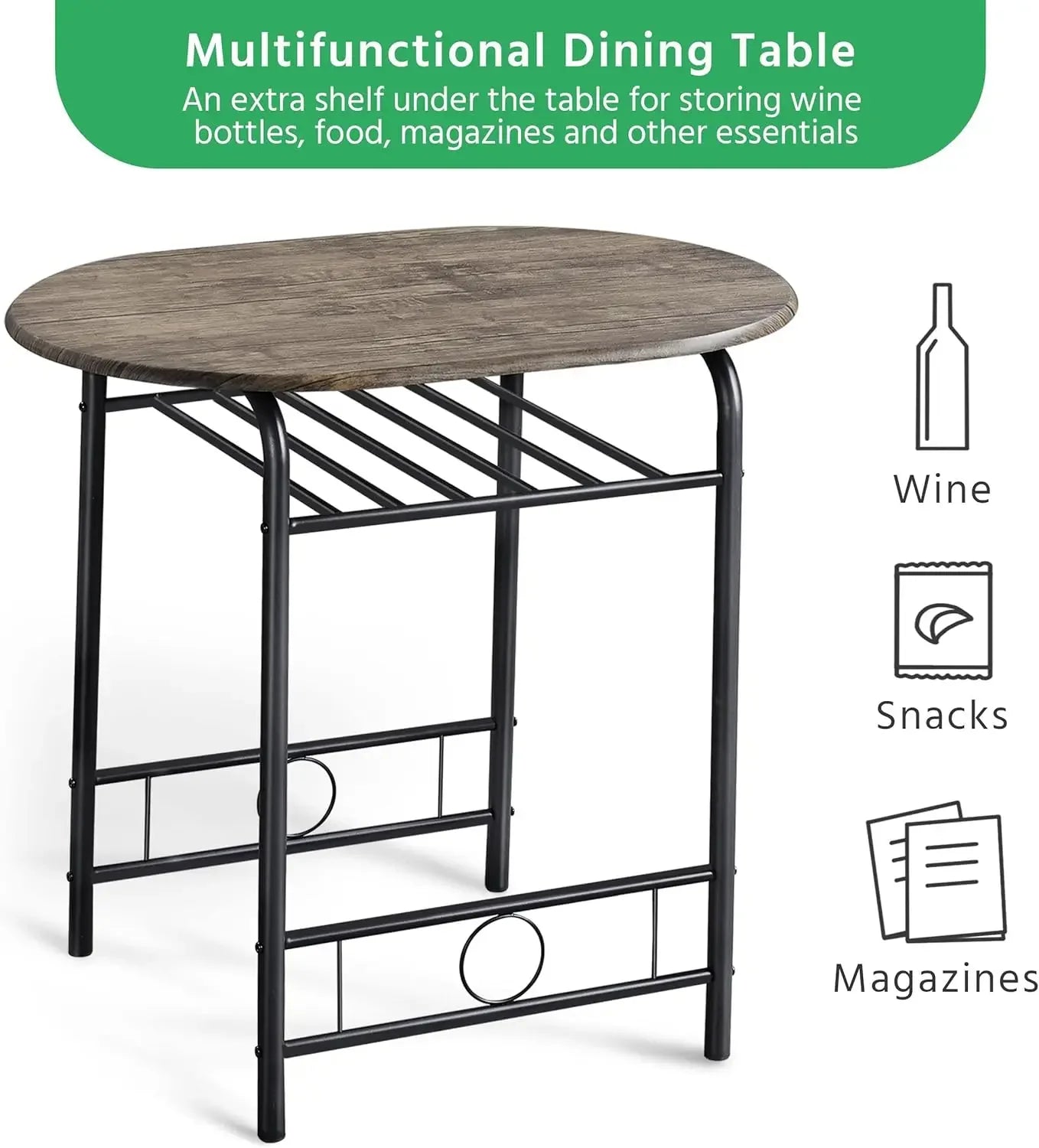 3 Piece Dining Table Set, Kitchen Table & Chair Sets for 2, Compact Bistro Table Set with Steel Legs, Built-in Wine Rack