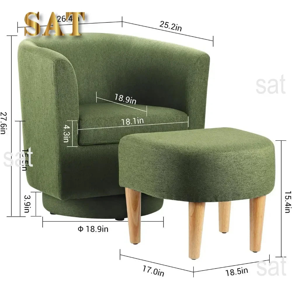 Chair Set of 2, Modern Swivel Chair with Ottoman, Comfy Armchair, Barrel Round Sofa Chair for Bedroom, Green