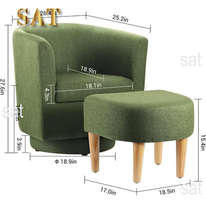 Chair Set of 2, Modern Swivel Chair with Ottoman, Comfy Armchair, Barrel Round Sofa Chair for Bedroom, Green