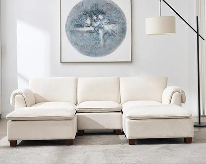 Modern Cloud Couch with Ottoman, 85 Inch Modular Sectional Sofa 3 Seat U Shaped with Waterfall Armrest Cushion Bac