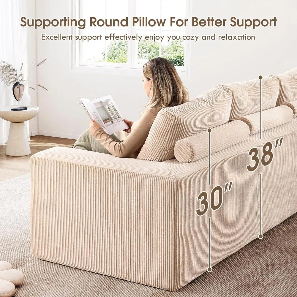 Modern Oversized L-Shape Corduroy Sectional Sofa with Comfort Height and Neck Pillow for Living Room