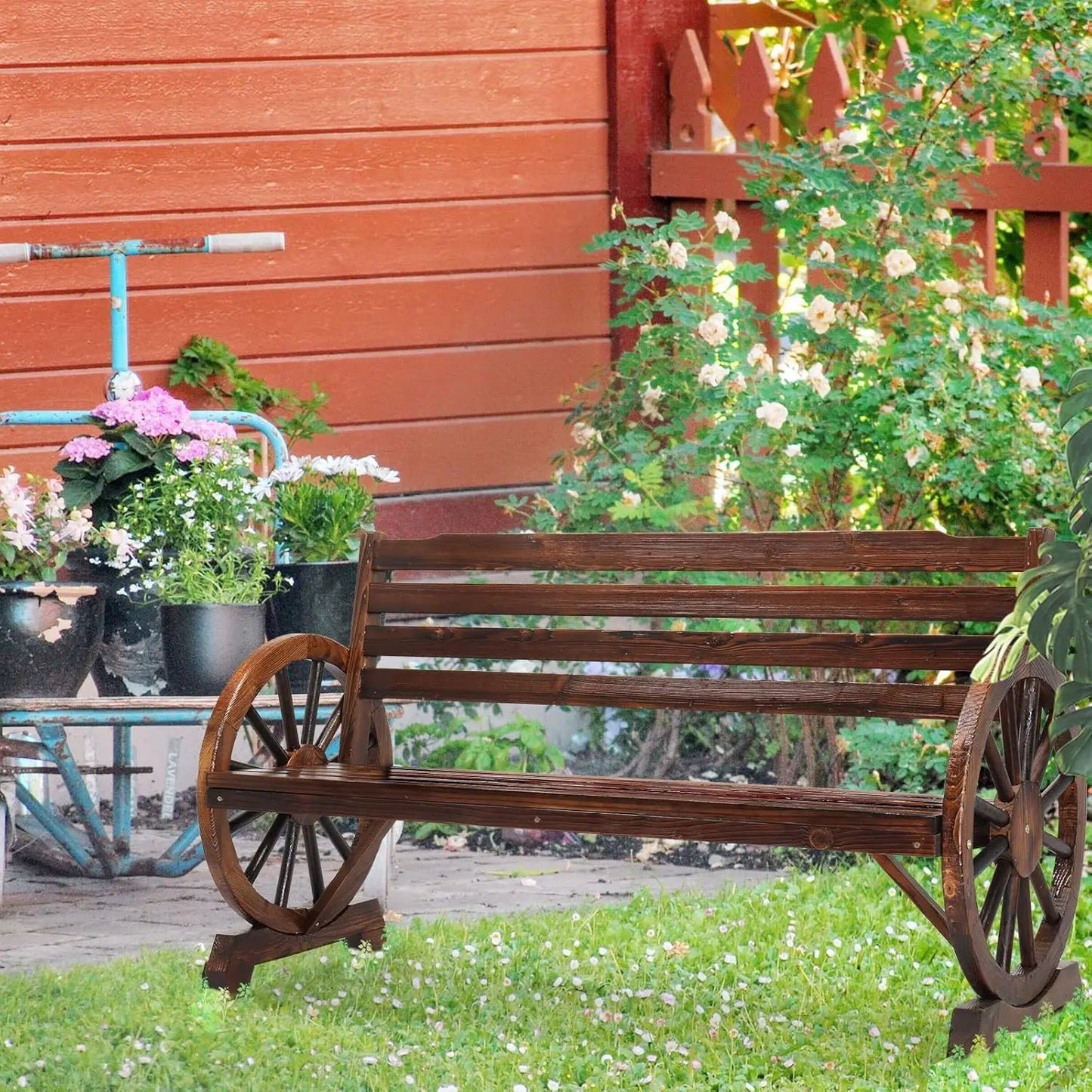Outdoor Rustic Wooden Bench with Wagon Wheel Arms, 3 People Outdoor Bench Garden Bench Front Porch Furniture Patio, Customized