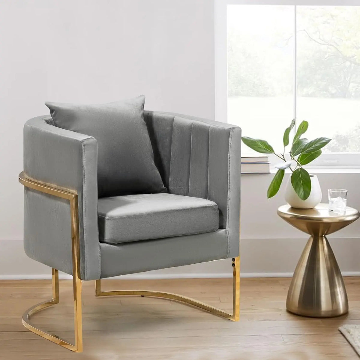 Velvet Modern Accent Chair, Upholstered Barrel Armchair Mid Century with Pillow for Living Room, Comfy Single, Customized