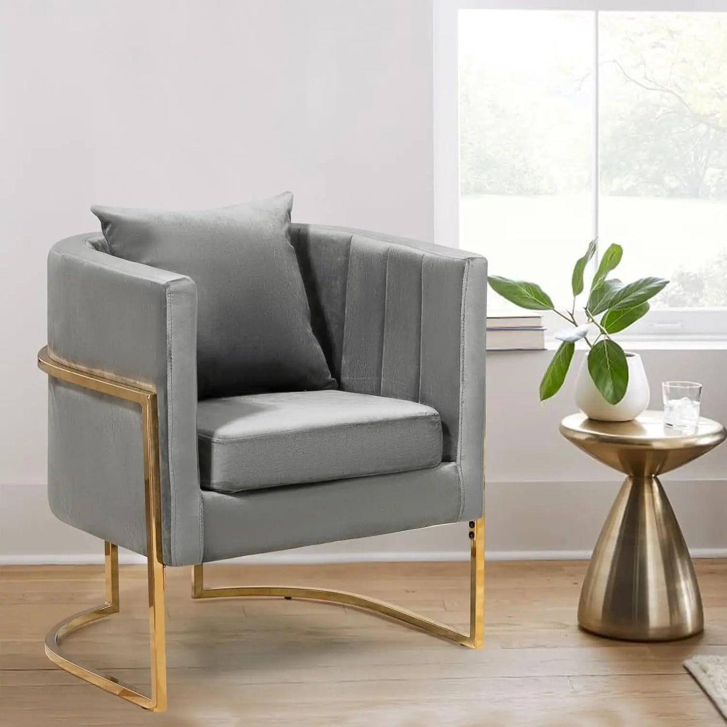 Velvet Modern Accent Chair, Upholstered Barrel Armchair Mid Century with Pillow for Living Room, Comfy Single, Customized