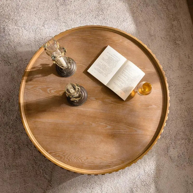 Modern Round Wooden Coffee Table, Handcrafted Solid Wood Veneer, Sturdy Pedestal for Living Room & Apartment, Stylish Design
