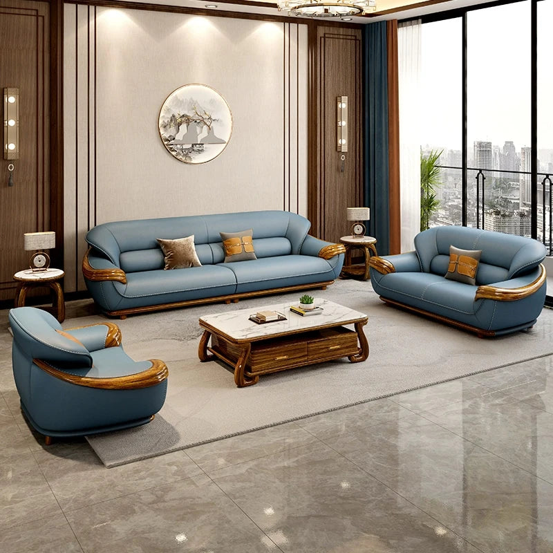 Modern new Chinese ebony sofa top layer cowhide high-end living room leather sofa