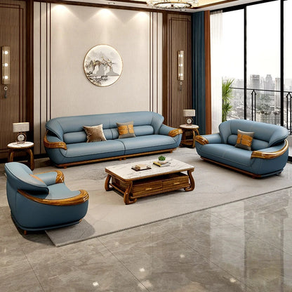 Modern new Chinese ebony sofa top layer cowhide high-end living room leather sofa