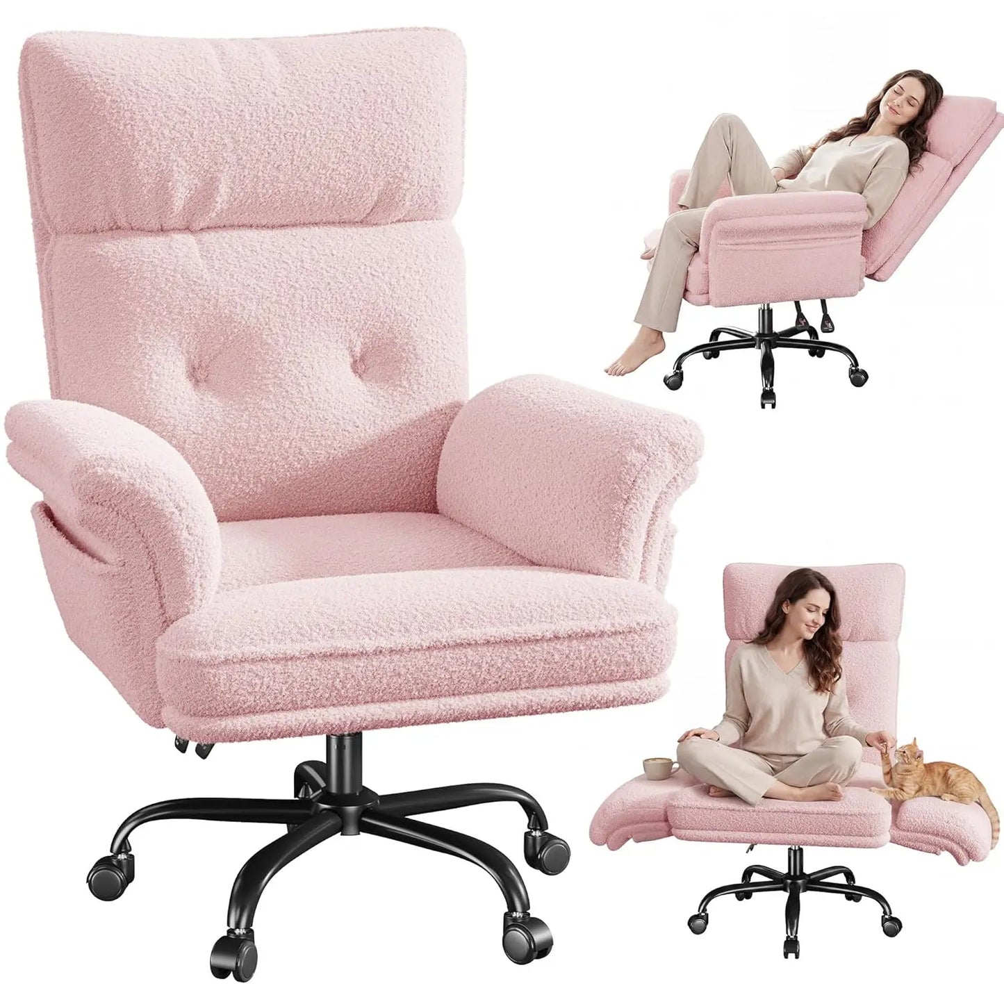 Big and Tall Office Chair with Adjustable Armrests & Wheels，145° Reclining Desk Chair Comfy,Pink Vanity Chair for, Customized