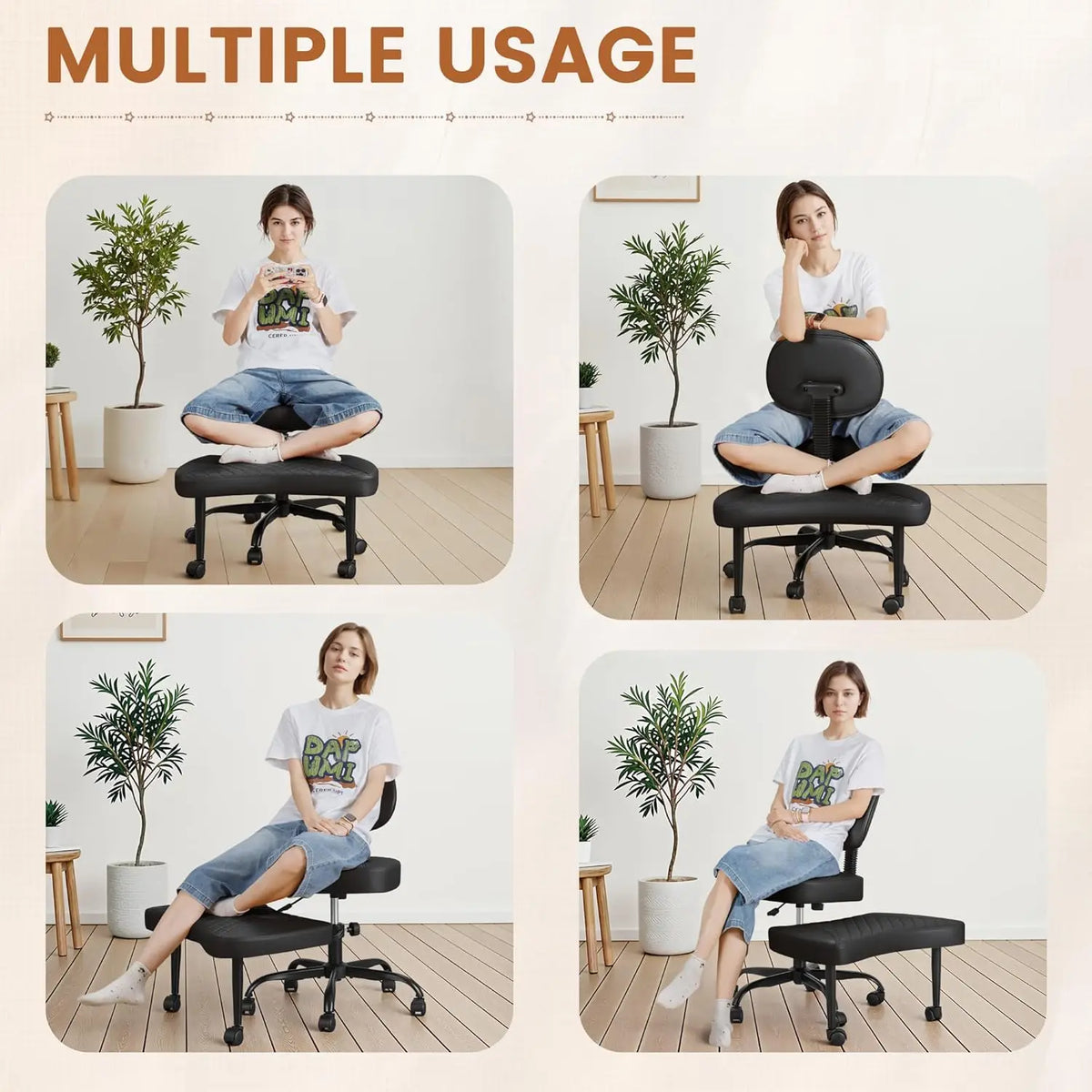 Cross Leg Chair - Meditation Chair with Wheels, ADHD Chair, Height Adjustable Seat, Adjustable Footstool