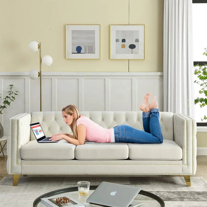 80-inch Modern Velvet 3-Seater Sofa with Button Tufted Design, Gold Metal Legs for Living Room