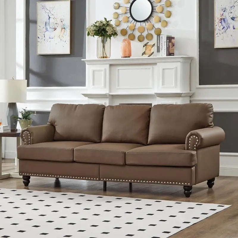 Modern Classic Design 2+3 Seater Loveseat & Sofa Leather Couch, Upholstered Imitation Cowhide Leather in Brown