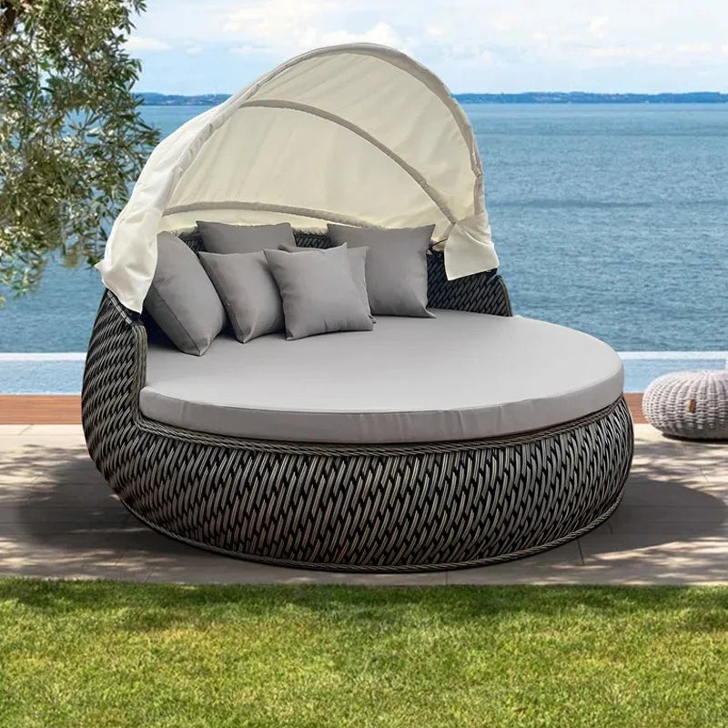 Modern day bed patio furniture hotel luxury garden sun lounger round aluminum rattan wicker outdoor day bed with canopy