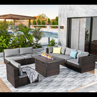 7 Pieces Outdoor Sectional Patio Furniture Set With Fire Pit Table Rattan Wicker Patio Sectional Conversation Set With Cushions