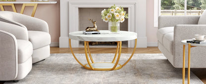 32" Circle Marble Coffee Tables, 2-Tier Golden Metal Legs Accent Center Table with Open Storage Modern Design Home Furniture