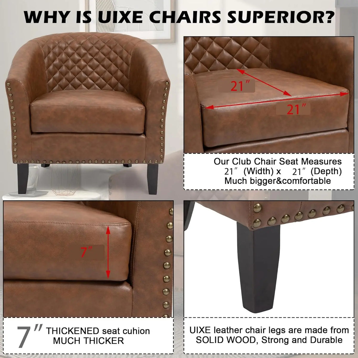 Faux Leather Barrel Accent Chairs Set of 2, Round Club Chair Modern Upholstered Armchair for Living Room, Comfy Nailed Trim Arm