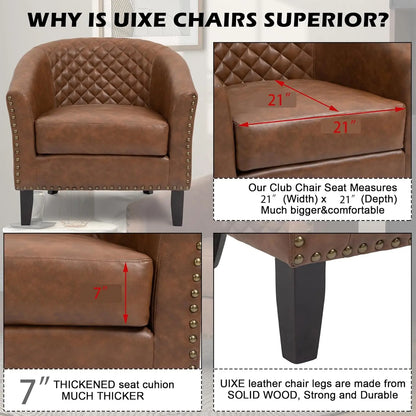 Faux Leather Barrel Accent Chairs Set of 2, Round Club Chair Modern Upholstered Armchair for Living Room, Comfy Nailed Trim Arm