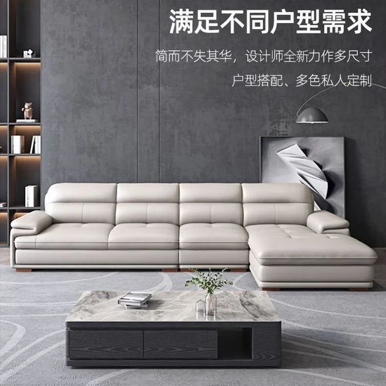 Modern minimalist leather sofa sized apartment living room three or four person cowhide sofa