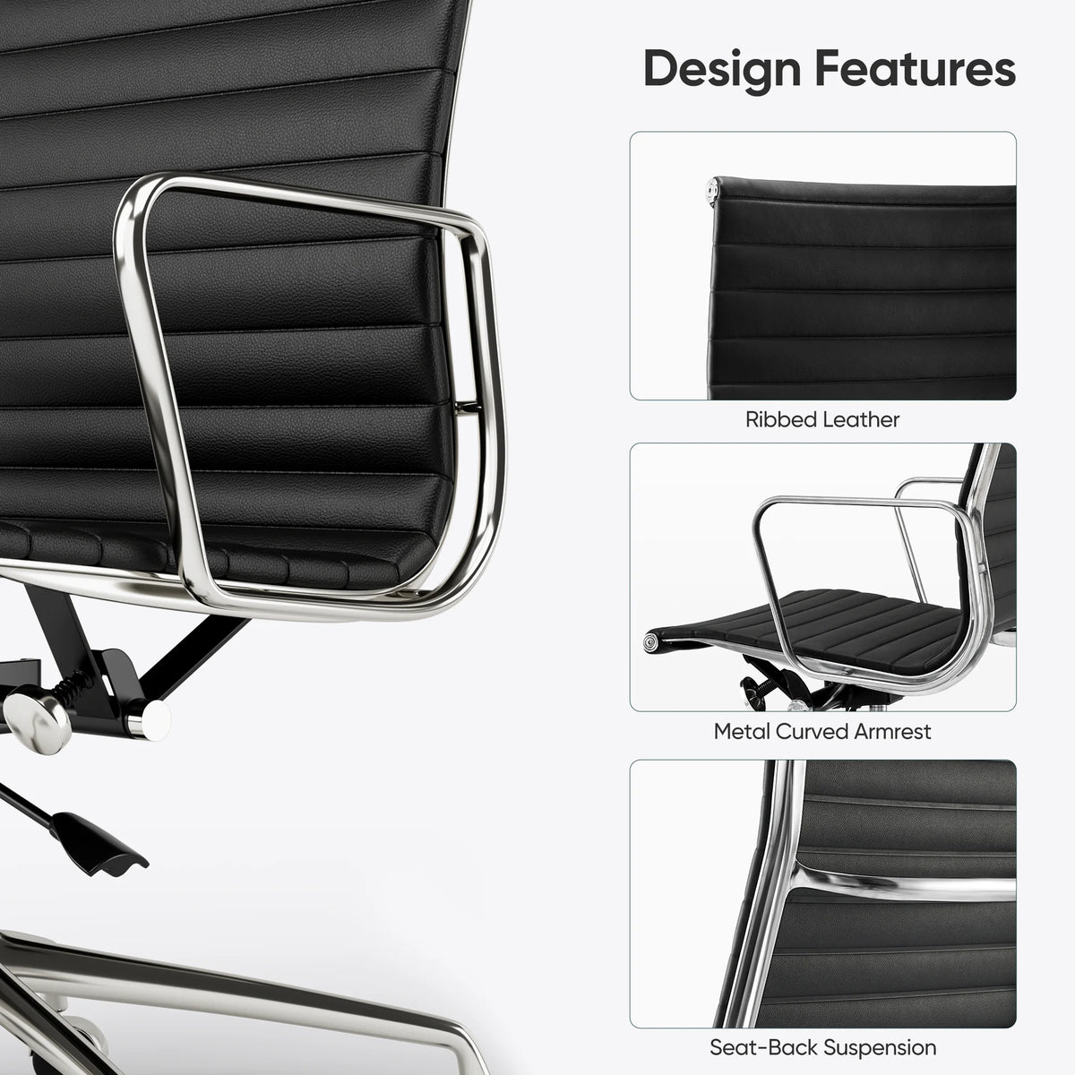High Back Ribbed Genuine Leather Office Chair Adjustable Ergonomic Computer Chair with Aluminium Alloy Frame  Swivel Chair