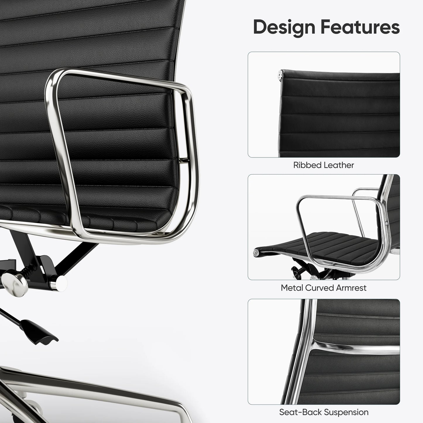 High Back Ribbed Genuine Leather Office Chair Adjustable Ergonomic Computer Chair with Aluminium Alloy Frame  Swivel Chair