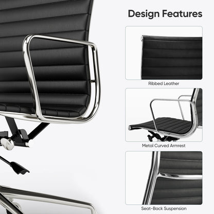 High Back Ribbed Genuine Leather Office Chair Adjustable Ergonomic Computer Chair with Aluminium Alloy Frame  Swivel Chair