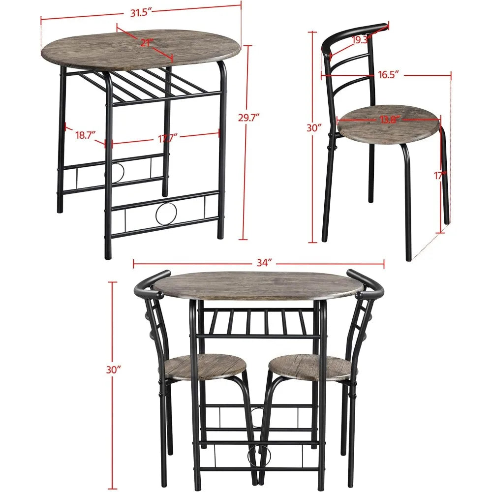 3 Piece Dining Table Set,Kitchen Table & Chair Sets for 2,Compact Bistro Table Set with Steel Legs,Built-in Wine Wine Rack Small