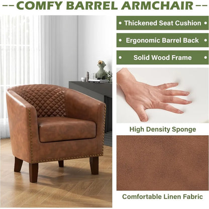 Modern Comfortable Faux Leather Armchair for Living Room and Bedroom, Stylish Barrel Club Chair with Upholstered Armrests for Re