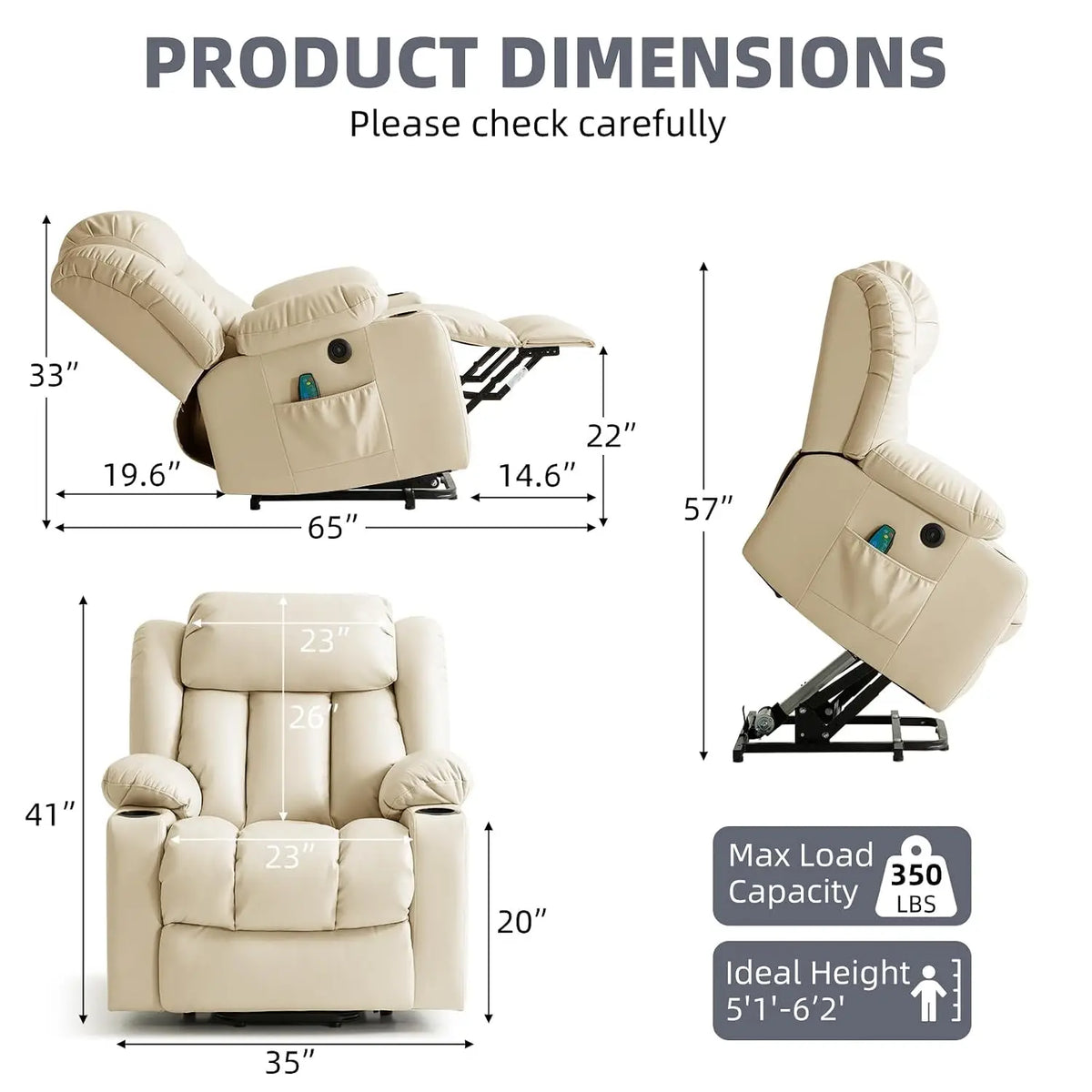 Leather Power Lift Recliner Chair for Elderly Cream Customized Comfortable Living Room Furniture Home Health Care Equipment