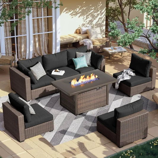 PatioLix 7 Piece Patio Furniture Set with Fire Pit Table, Rattan Outdoor Sectional Patio Conversation Sets with Seat Cushions for Backyar