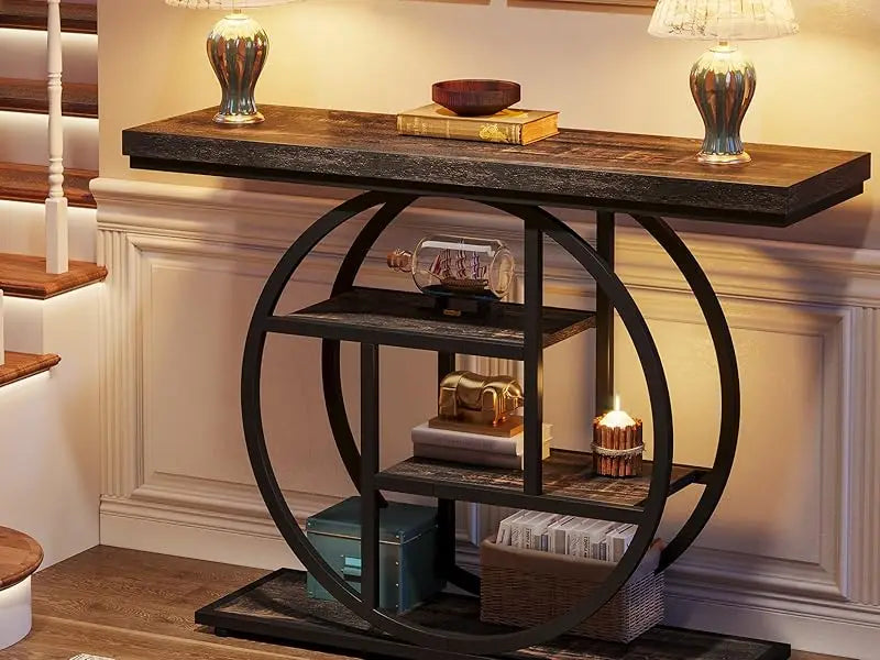 LITTLE TREE 41.3" Console Table, Industrial 4-Tier Sofa Table Entryway Table, Accent Tables with Storage Shelves for Living Room