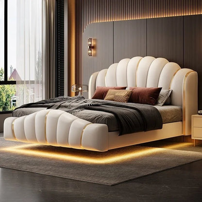 Light luxury luxury soft bag bed adult leather bed suspended double high-end LED smart light leather master bedroom