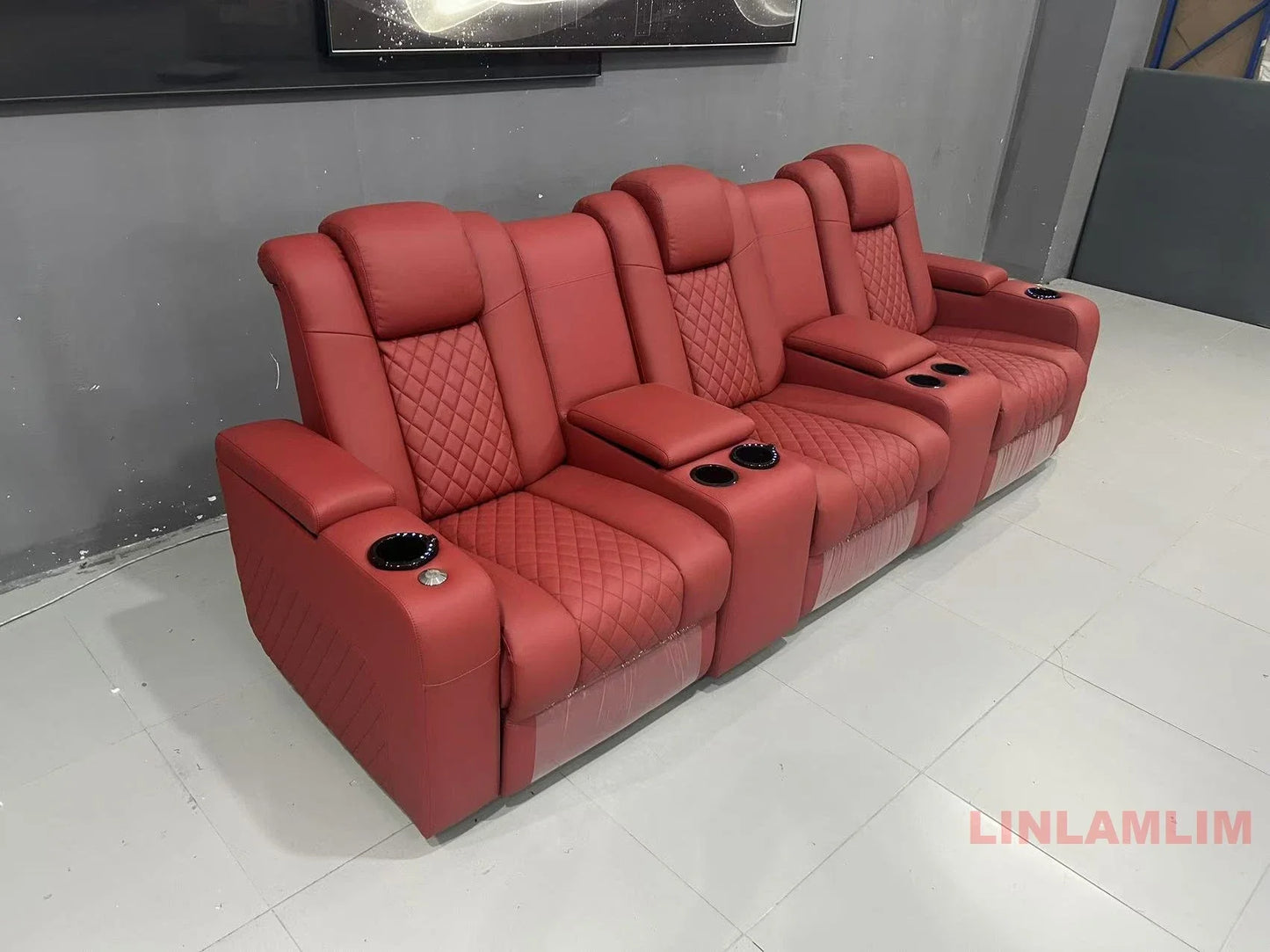 Linlamlim Luxury 3-Seat Recliner Sofa with Cup Holders, Leather Home Theater Seating, Cinema Recliner Couch with Center Console