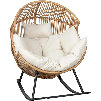 Hot-Large Cushioned PE Rattan Rocking Chair For Indoor And Outdoor Use: Perfect For Patios And Balconies