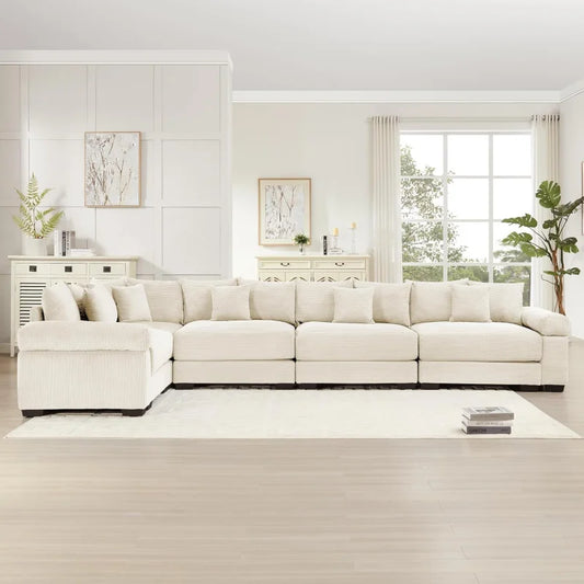 (UUX)155" Oversized Modular Sofa, Corduroy Cloud Couch Sectional with L Shape Chaise and 12 Throw Pillows, Upholste UQ