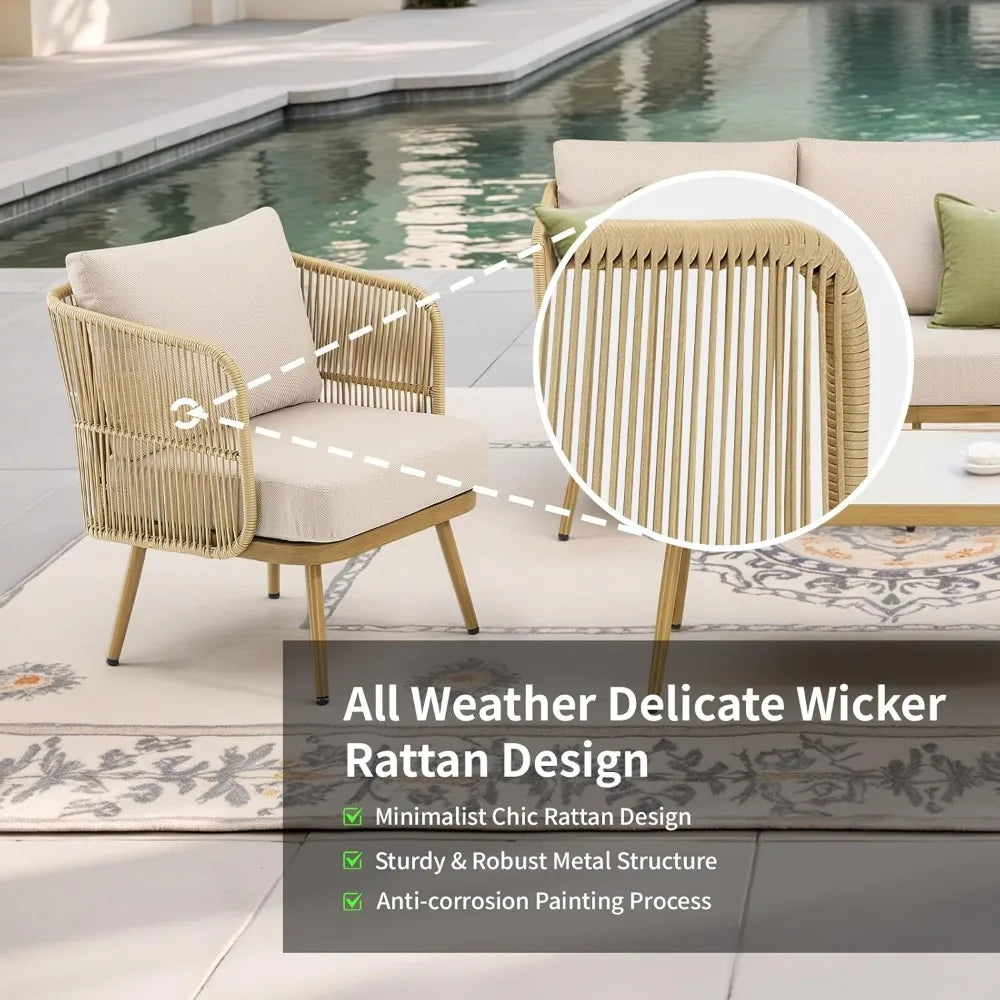 Outdoor Wicker Patio Chairs Set of 2, Rattan Barrel Chairs Patio Furniture Sets with 4“ Hight Desity Cushion, 2 Pieces Bistro