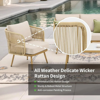Outdoor Wicker Patio Chairs Set of 2, Rattan Barrel Chairs Patio Furniture Sets with 4“ Hight Desity Cushion, 2 Pieces Bistro