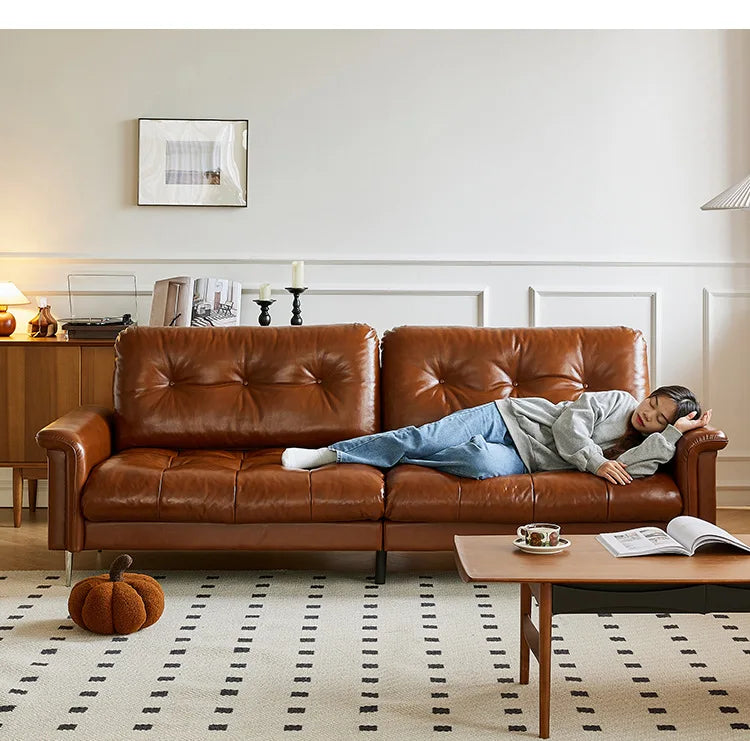 Nordic Italian light luxury medieval French lattice, designer living room straight retro oil wax leather, cowhide nebula sofa