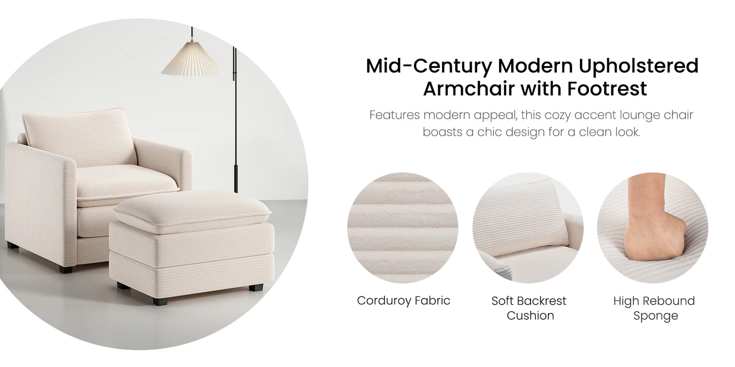 Corduroy Armchair with Ottoman Set, Accent Chair & Footstool, High-Quality Foam, Easy 15-Min Assembly, for Living Room, Bedroom