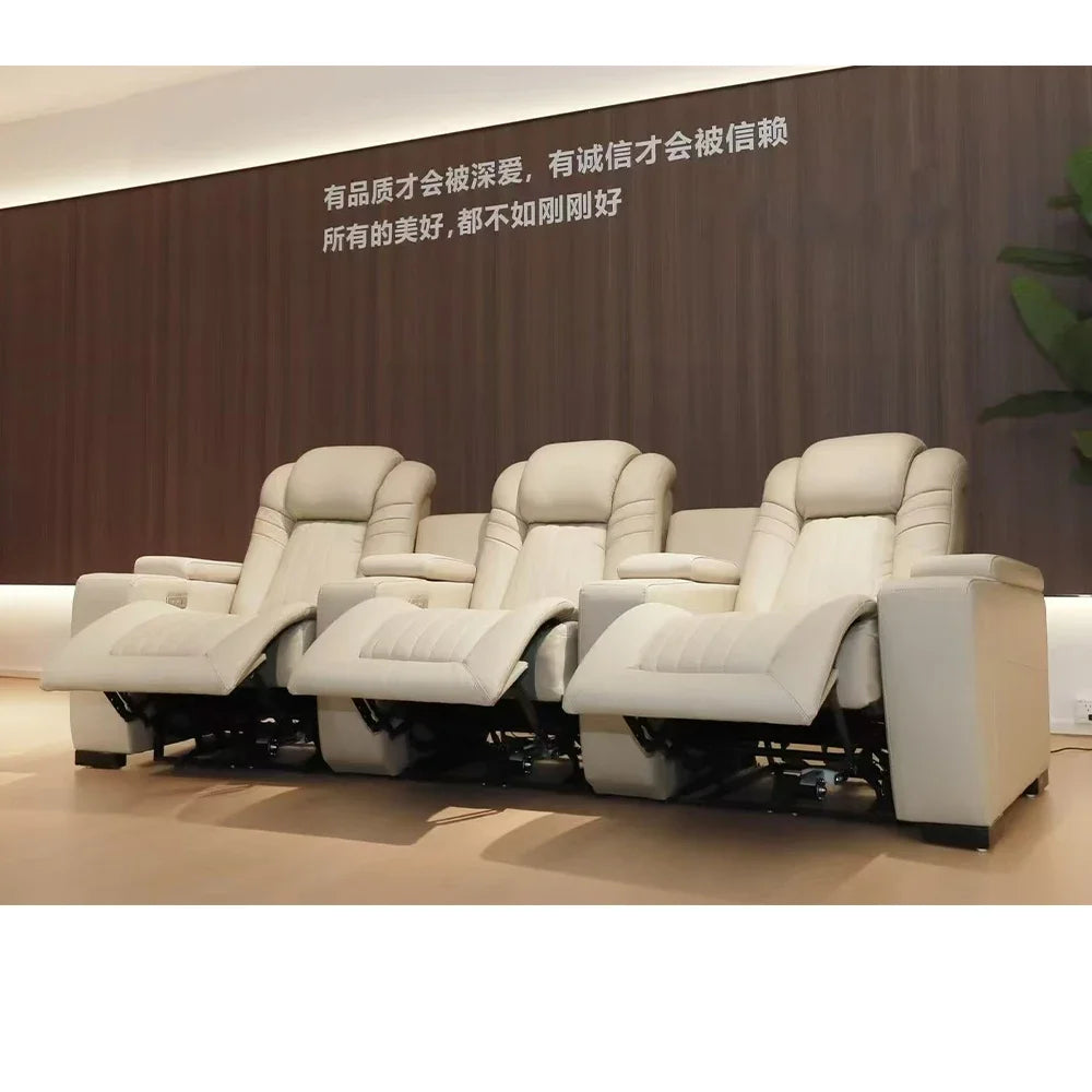 Genuine Leather Sofa Chair for Home Theater, Modern Electric Power Reclining Seat with Footrest and Cup Holders