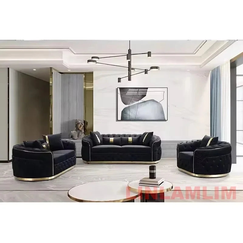 Luxury Chesterfield Sectional Sofa Set With Cloth Buttons And Fabric Modular Couch With Gold Stainless Steel Base, 3-seater