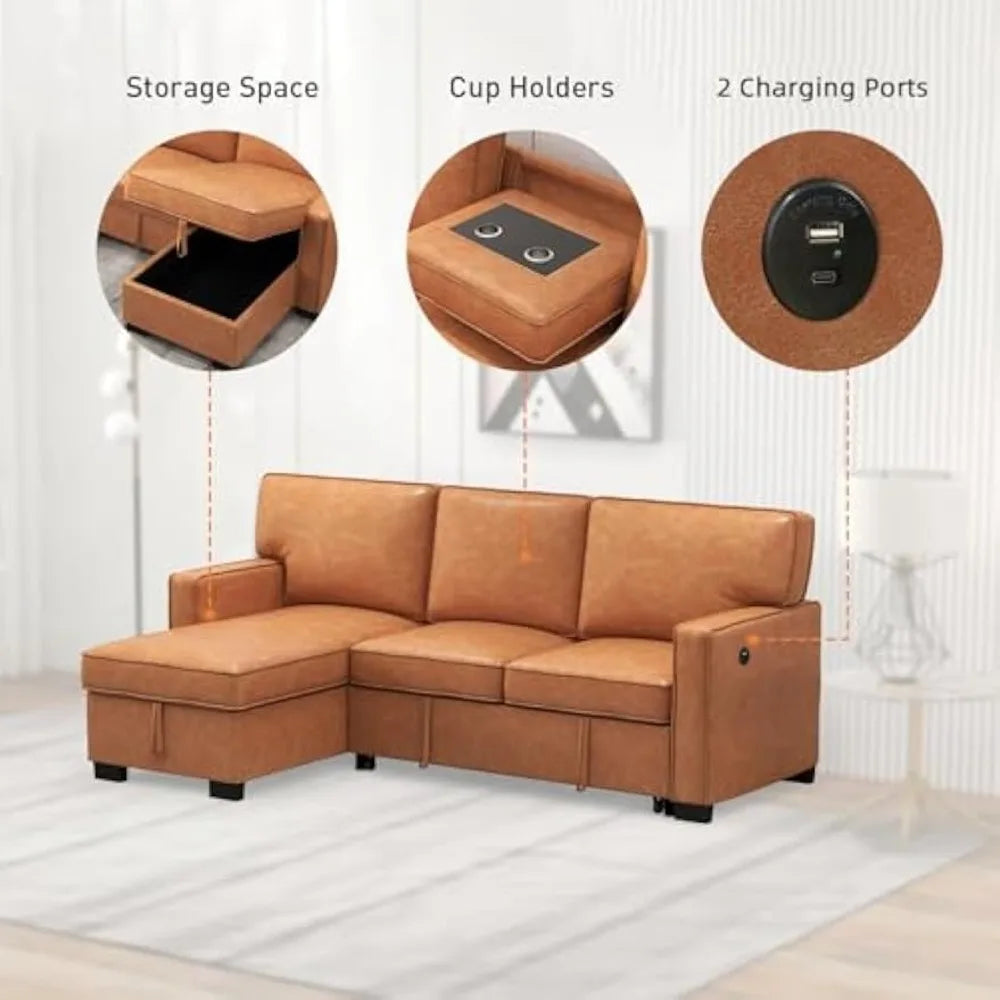 3-in-1 convertible sleeper sofa, faux leather modern l-shape couch, living room pull-out sectional futon bed