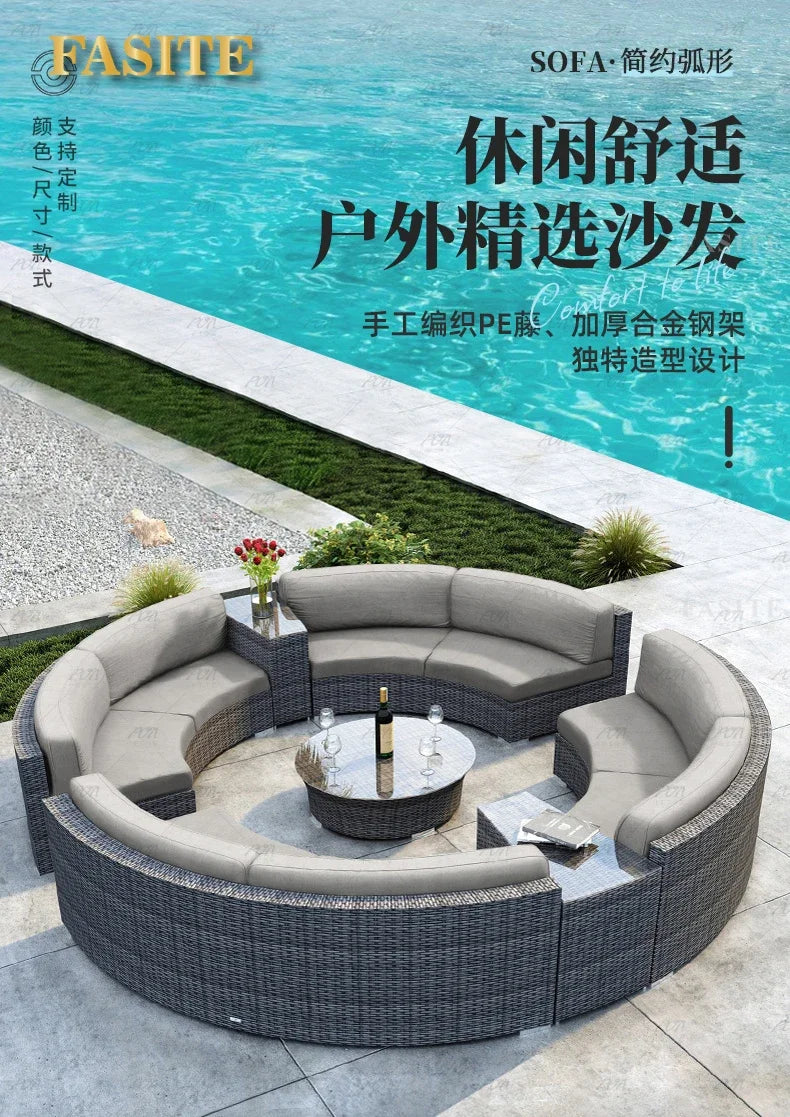 Sofa, courtyard, garden, leisure, outdoor living room, semi circular curved rattan chair, terrace, outdoor furniture combination