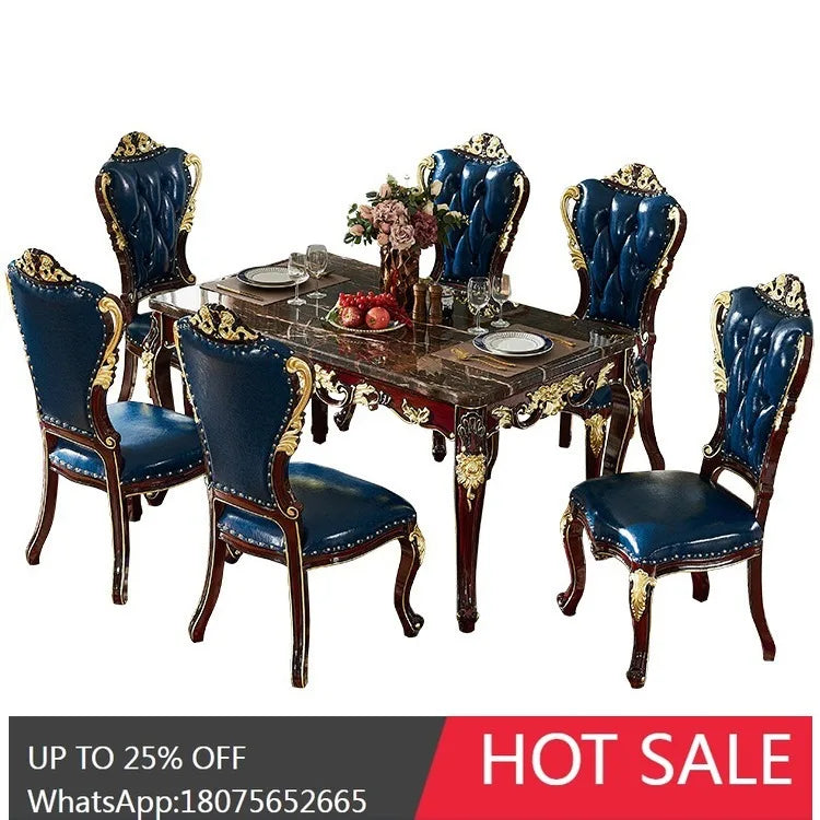 SGF European-style Marble Solid Wood Dining Table Carved Dining Table and Chair Set