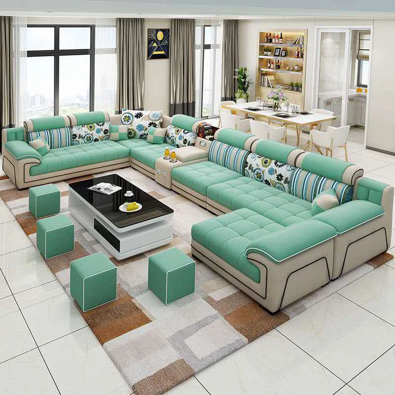 Modern Living Room Lounge 7 Seater U Shaped Sofa Set Furniture L Shape Sectional Couch Luxury Microfiber Fabric Modular Sofa