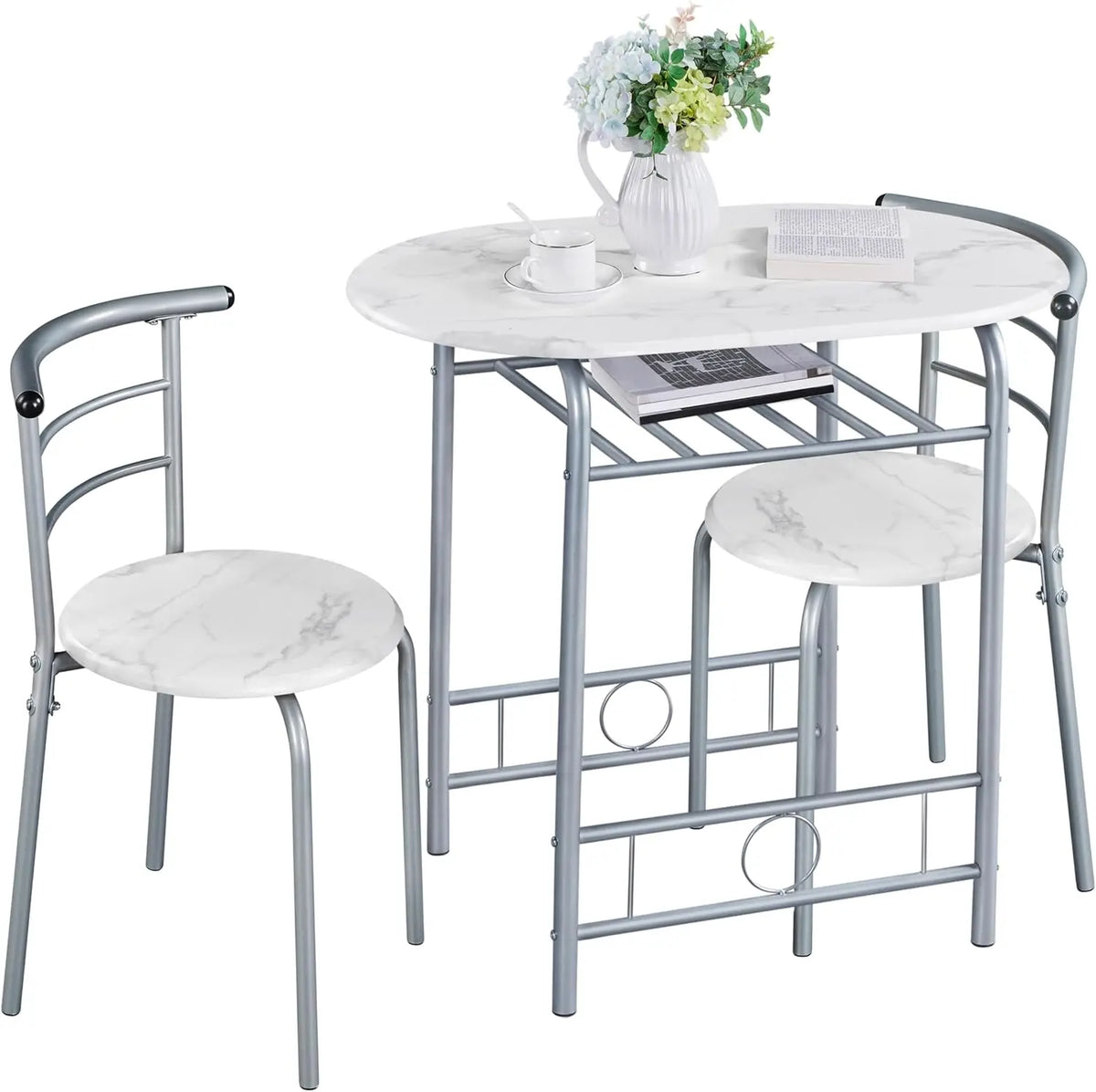 3 Piece Dining Table Set,Kitchen Table & Chair Sets for 2,Compact Bistro Table Set with Steel Legs,Built-in Wine Wine Rack Small