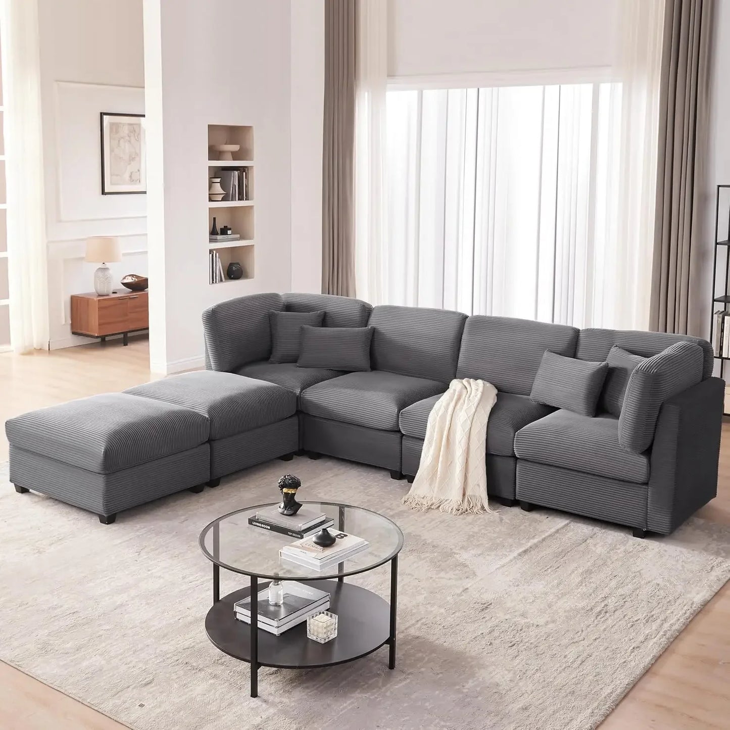 "large 125 inch u-shaped corduroy modular sofa with storage and 6 convertible seats"