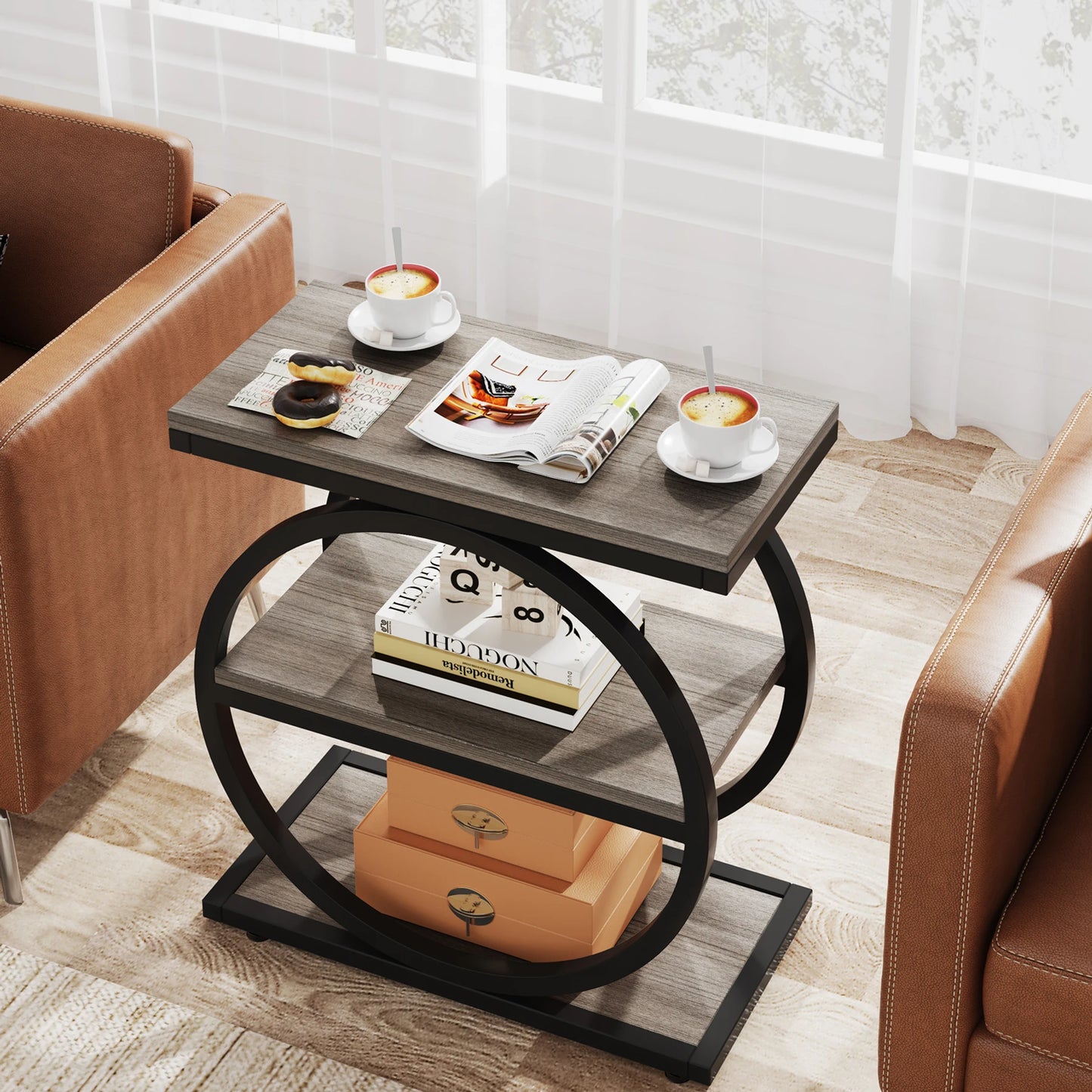 Tribesigns End Table, Narrow End Table with 3 Storage Shelves, Wood Side Table with Black Metal Frames, Industrial Sofa table