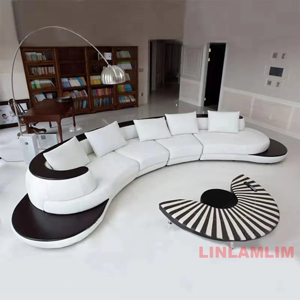 Luxury Modern Curved Genuine Leather Sofa Sectional Couch White and Black Design Living Room Contemporary Home Decoration