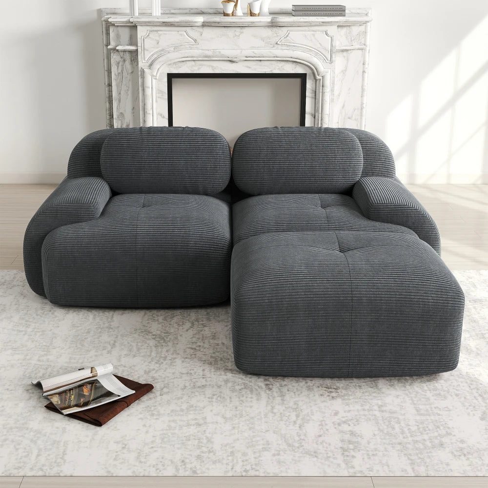 82'' Corner Sofa in Soft Cord Fabric, Modular Combined with Curved Armrests, Without Mounting, Highly Elastic Foam Upholstery