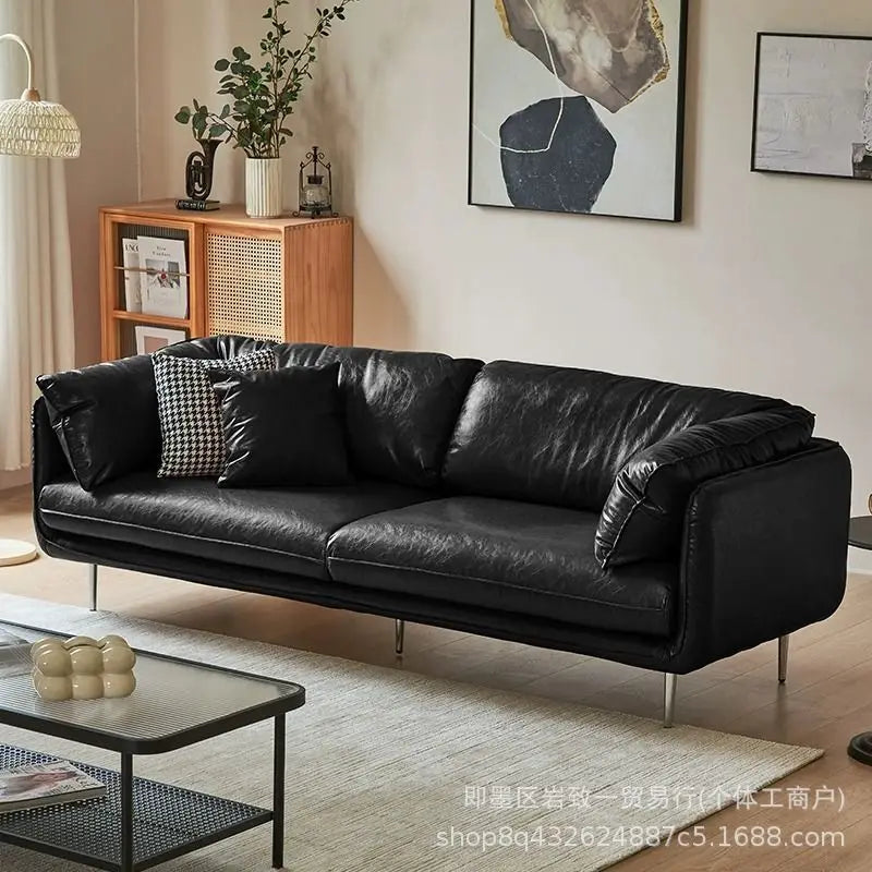 Retro oil wax leather living room sofa Modern simple small apartment sofa