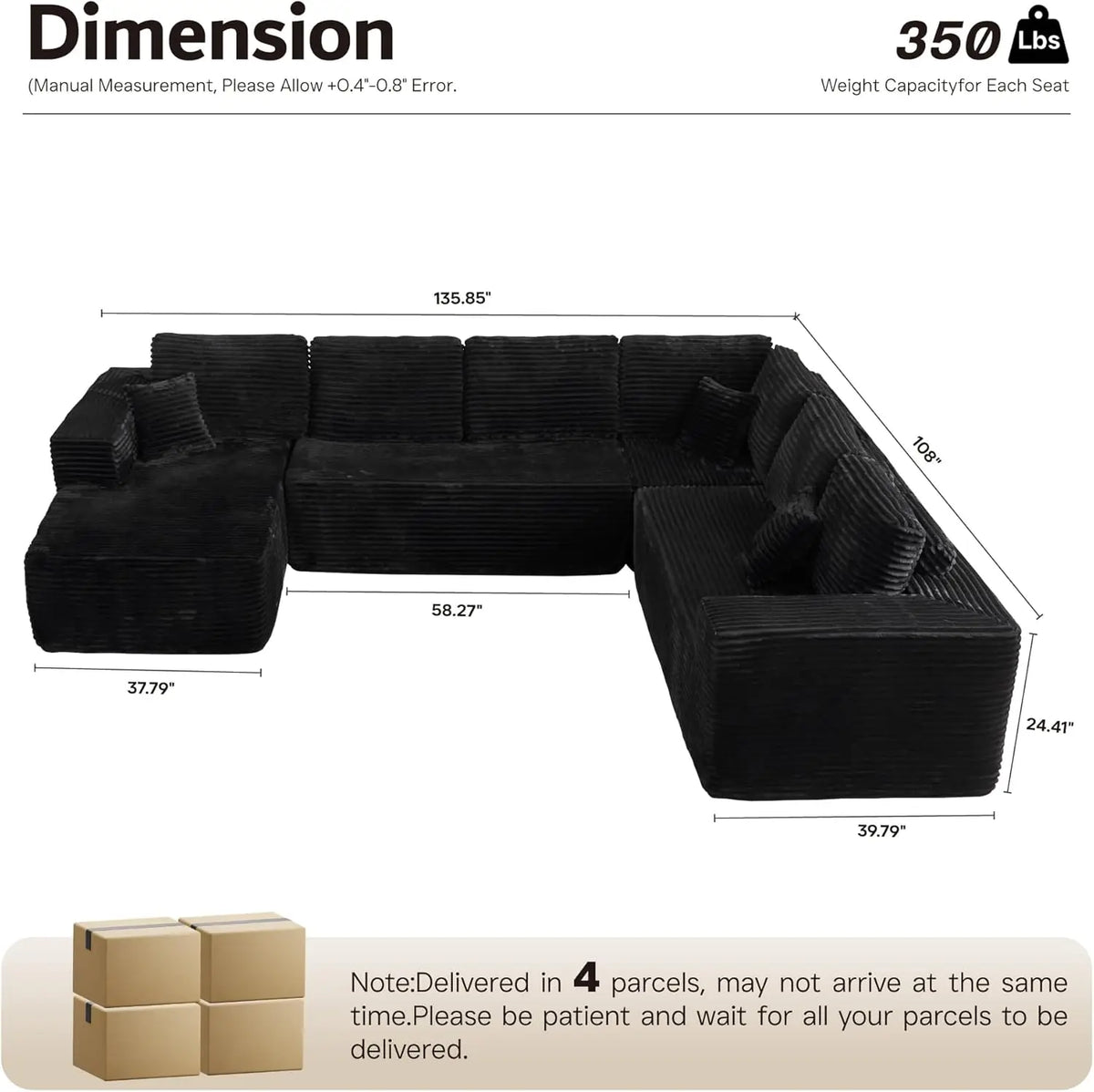 U Shaped Sofa Boneless Couch with Chaise 135